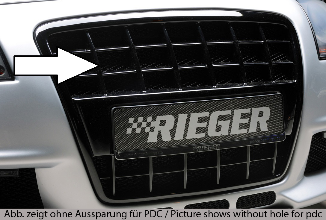 Rieger Frontgrill schwarz glänzend für Rieger Spoilerstoßstangen <p>Rieger Grill mit integrierter Kennzeichenauflage für Spoilerstoßstange, inkl. Alugitter, mit Aussparung für Park-Distance-Control (PDC), schwarz glänzend;</p>